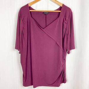 Lane Bryant Faux Wrap Blouse Size‎ 22 24 Burgundy Ruched Stretch Jersey Knit